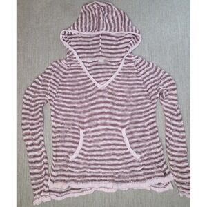 Roxy‎ Hoodie Sweater Women S Pink Brown Striped Knit V-Neck Pullover Beach Boho